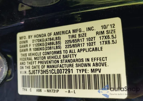 2012 Honda Crosstour 2.4 Ex-L from USA, damaged, VIN 5J6TF3H51CL007291